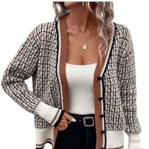 SHEIN Checkered Cardigan in Cream, Brown, and Black